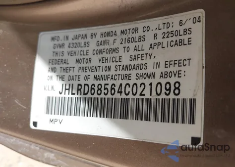 2004 Honda Cr-V Lx from USA, damaged, VIN JHLRD68564C021098